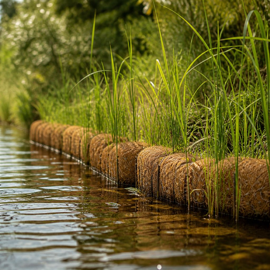 Coir logs staked along a stream bank