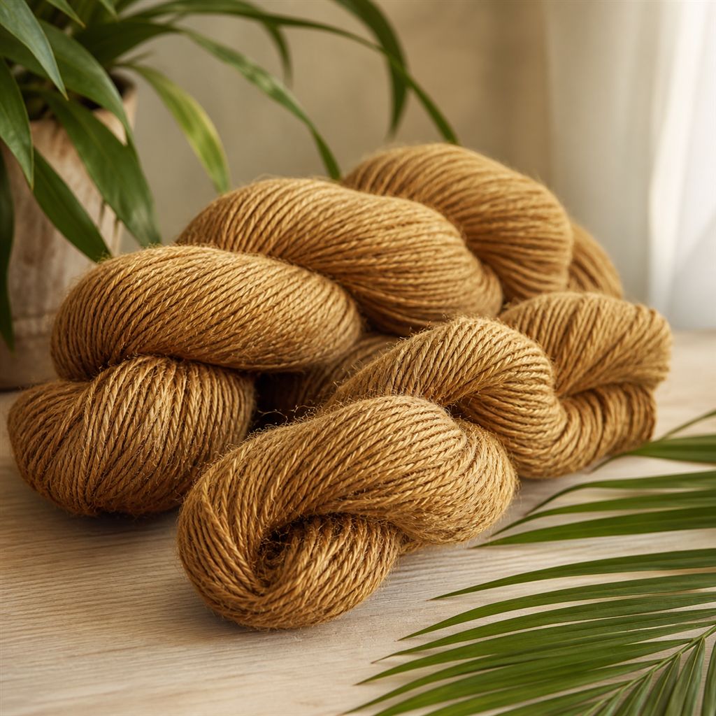 Hanks of spun coir yarn on a wooden table