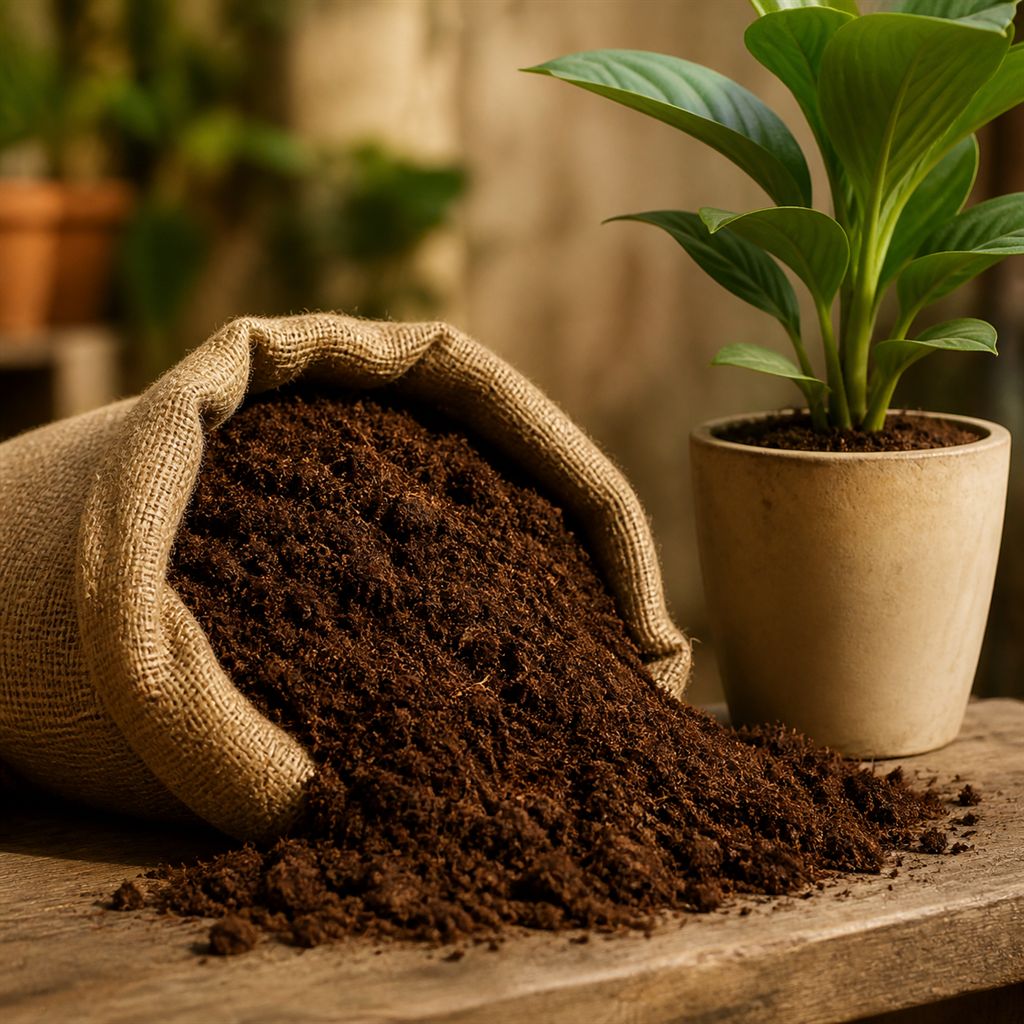 Dark composted cocopeat in an open jute sack