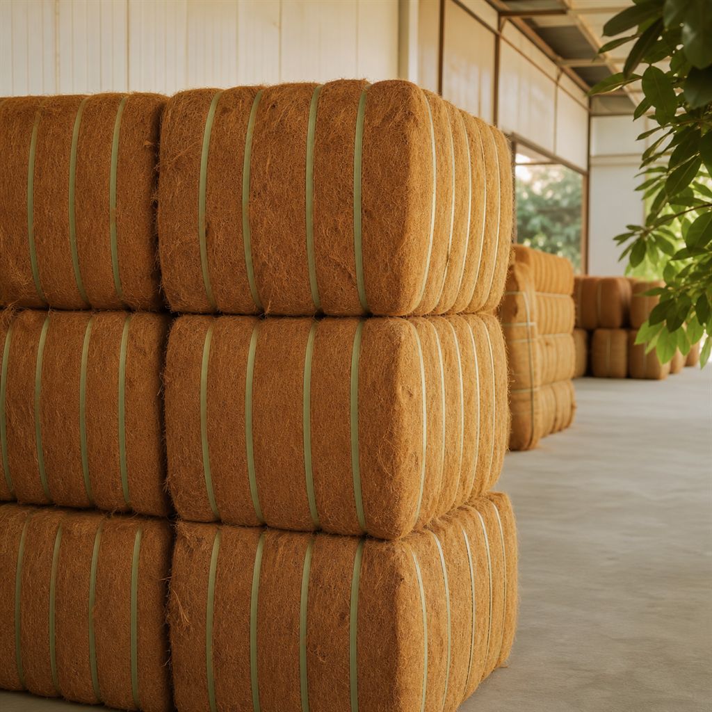 Pressed bales of golden coir fibre in a warehouse