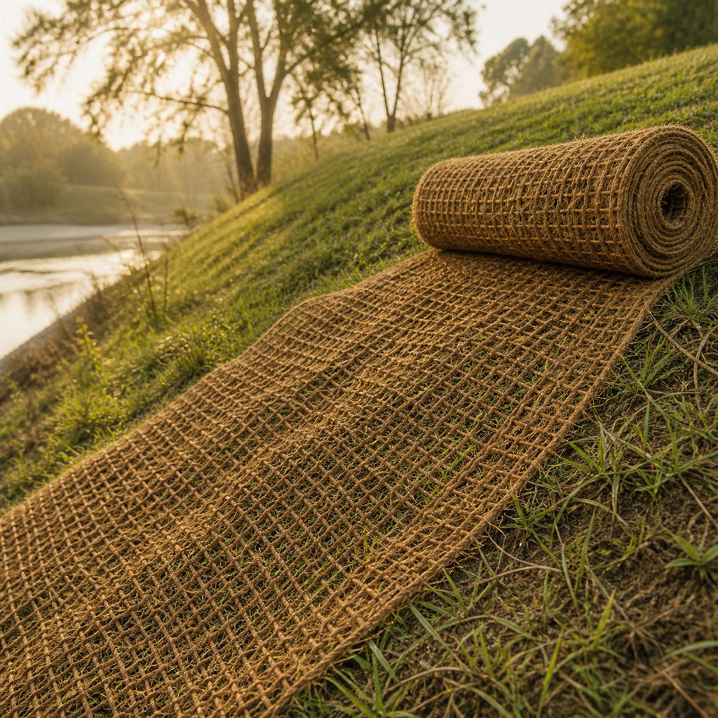 A roll of woven coir geotextile on an embankment