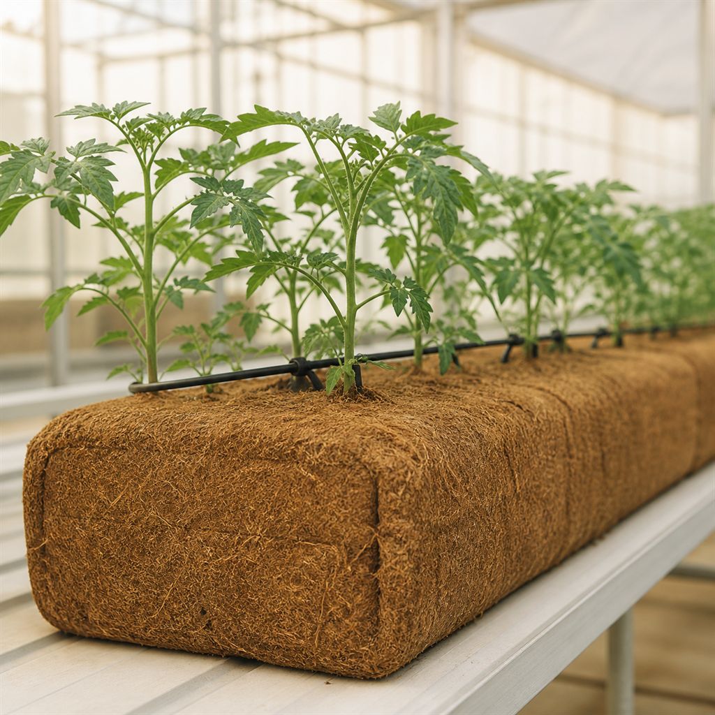 A coir grow bag planted with young tomatoes