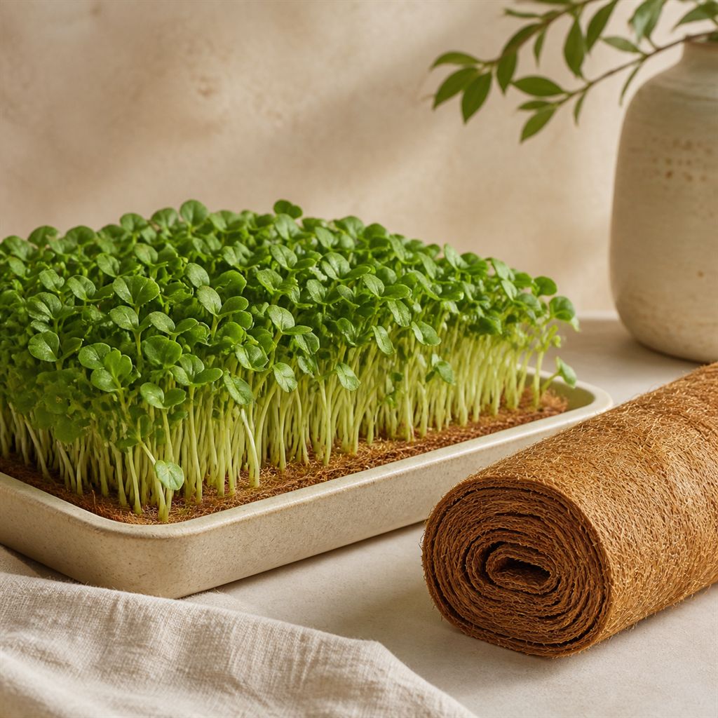 Microgreens growing on a coir fibre mat