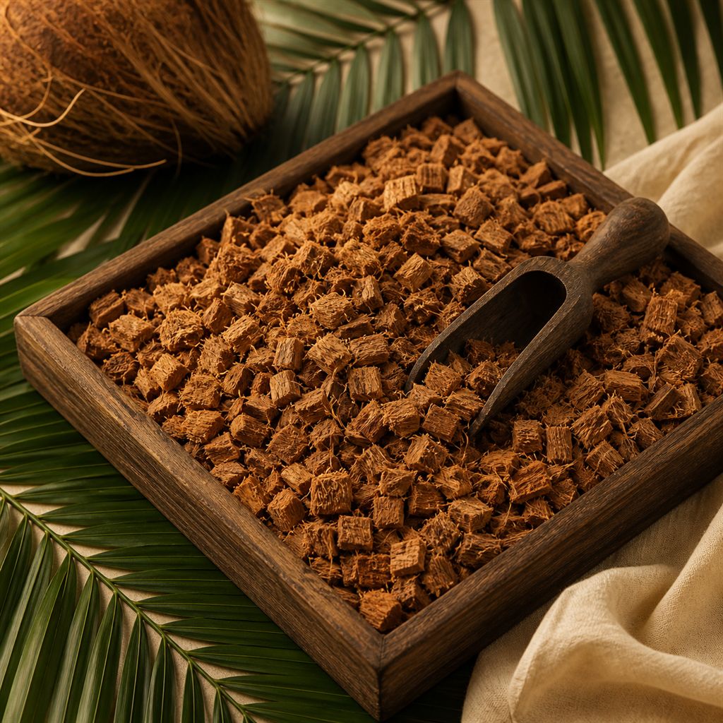 Graded coconut husk chips in a wooden tray