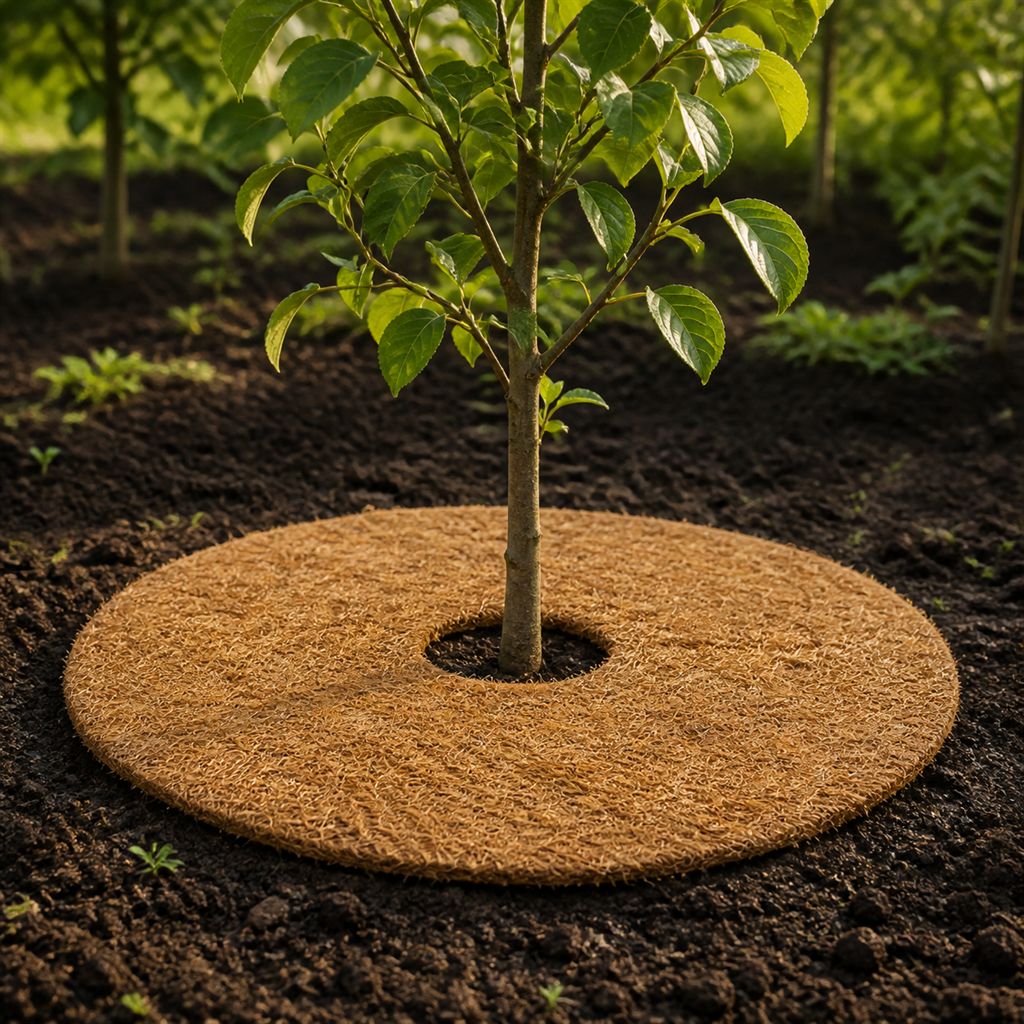 A round coir mulch mat around a young sapling