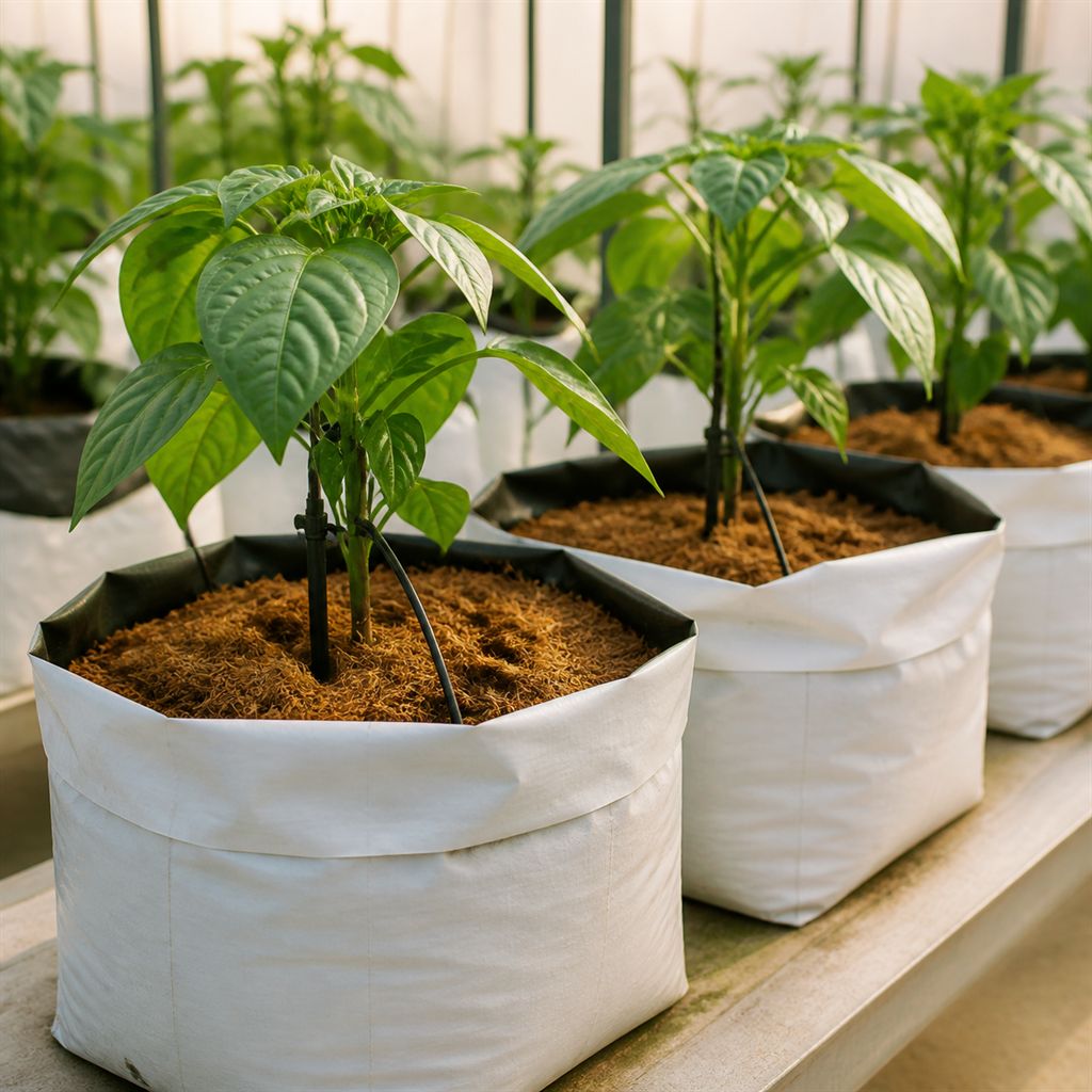 Open top coir planter bags with young pepper plants
