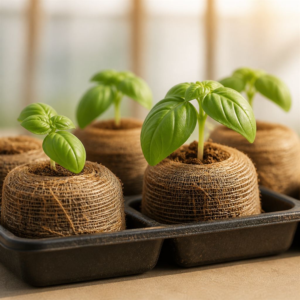A tray of coir propagation plugs with seedlings