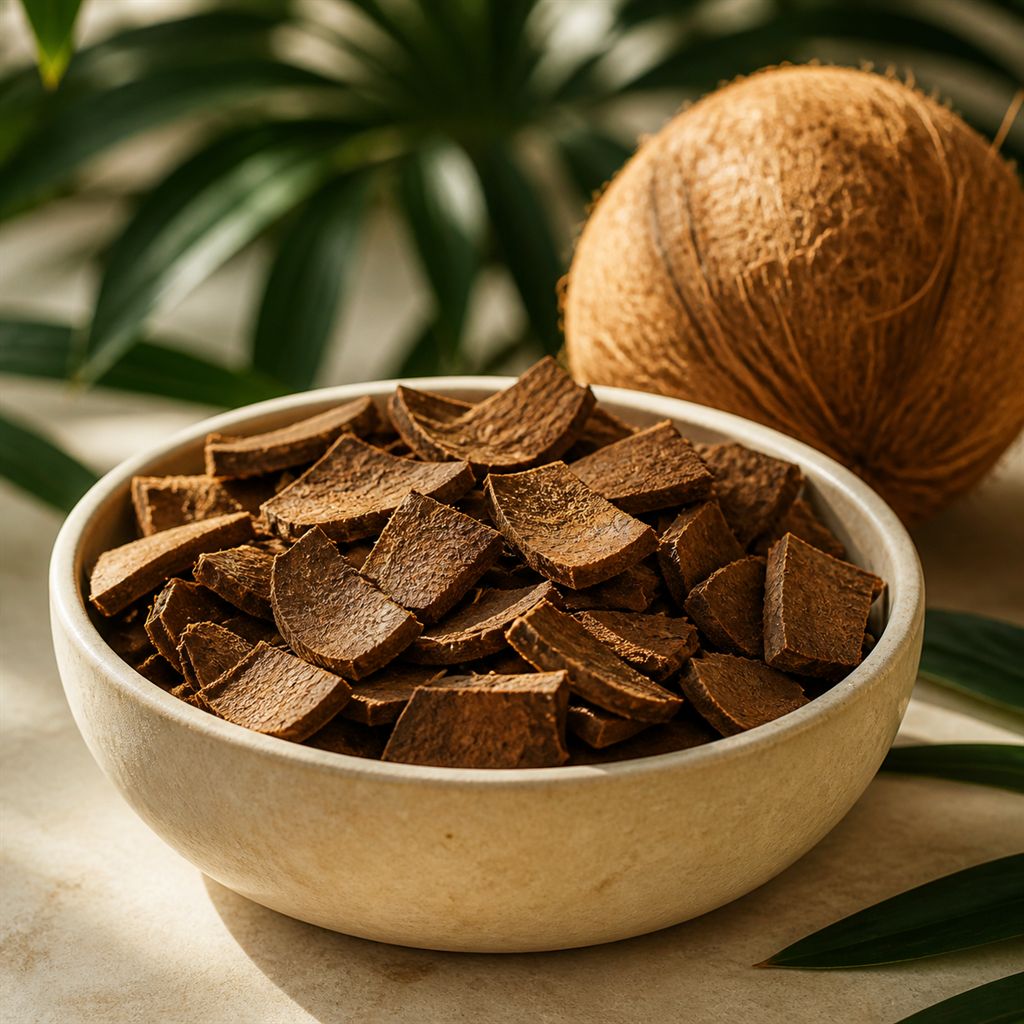 Polished coconut shell chips in a ceramic bowl