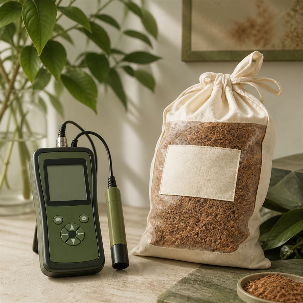 A conductivity meter beside a labelled sample bag of coir pith