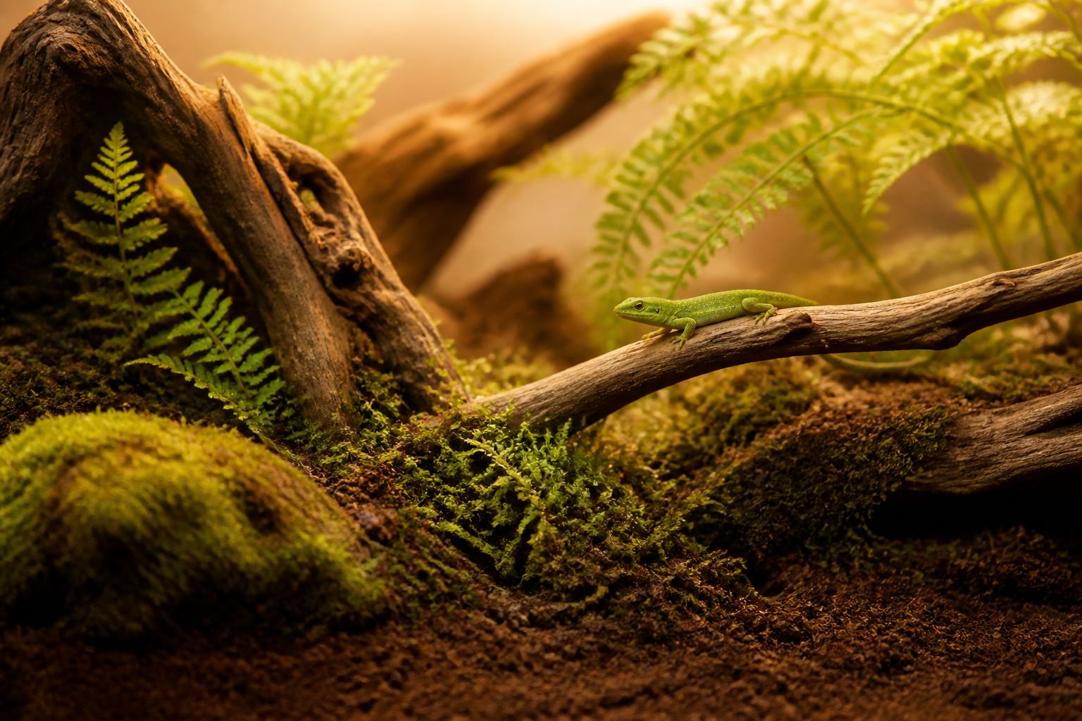 A naturalistic terrarium floored with fine coir bedding, moss and ferns