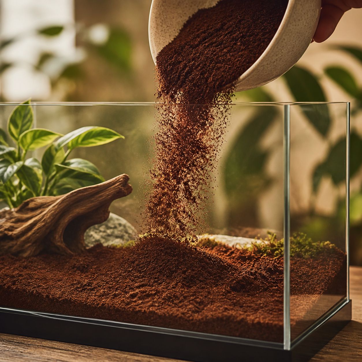 Fine coir bedding poured into a glass terrarium
