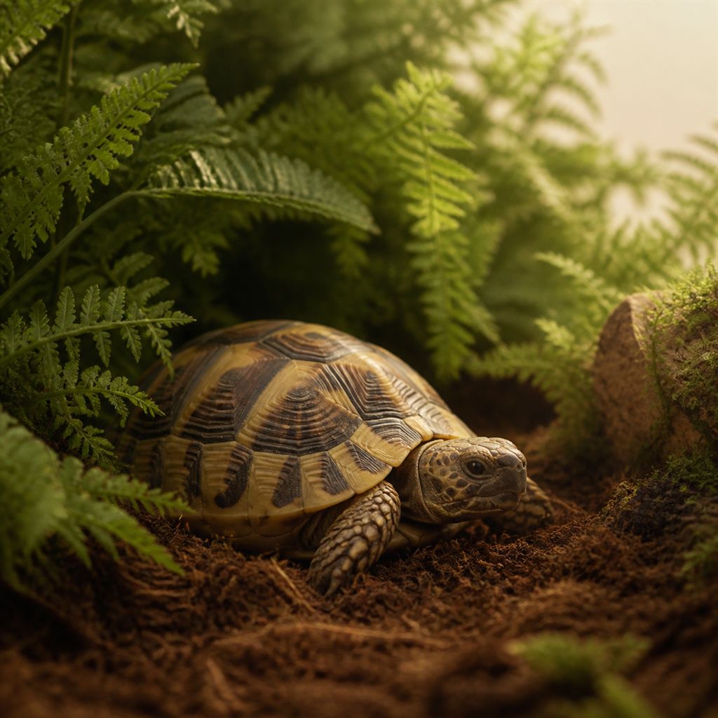 A small tortoise resting on coir bedding among ferns