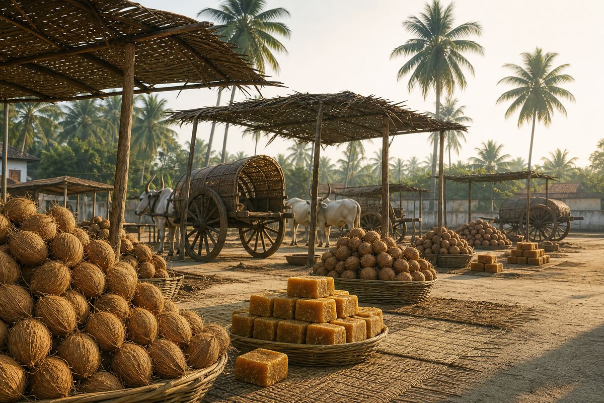 The Tuesday sandhai at dawn: coconut heaps, jaggery blocks and bullock carts under palm-thatch