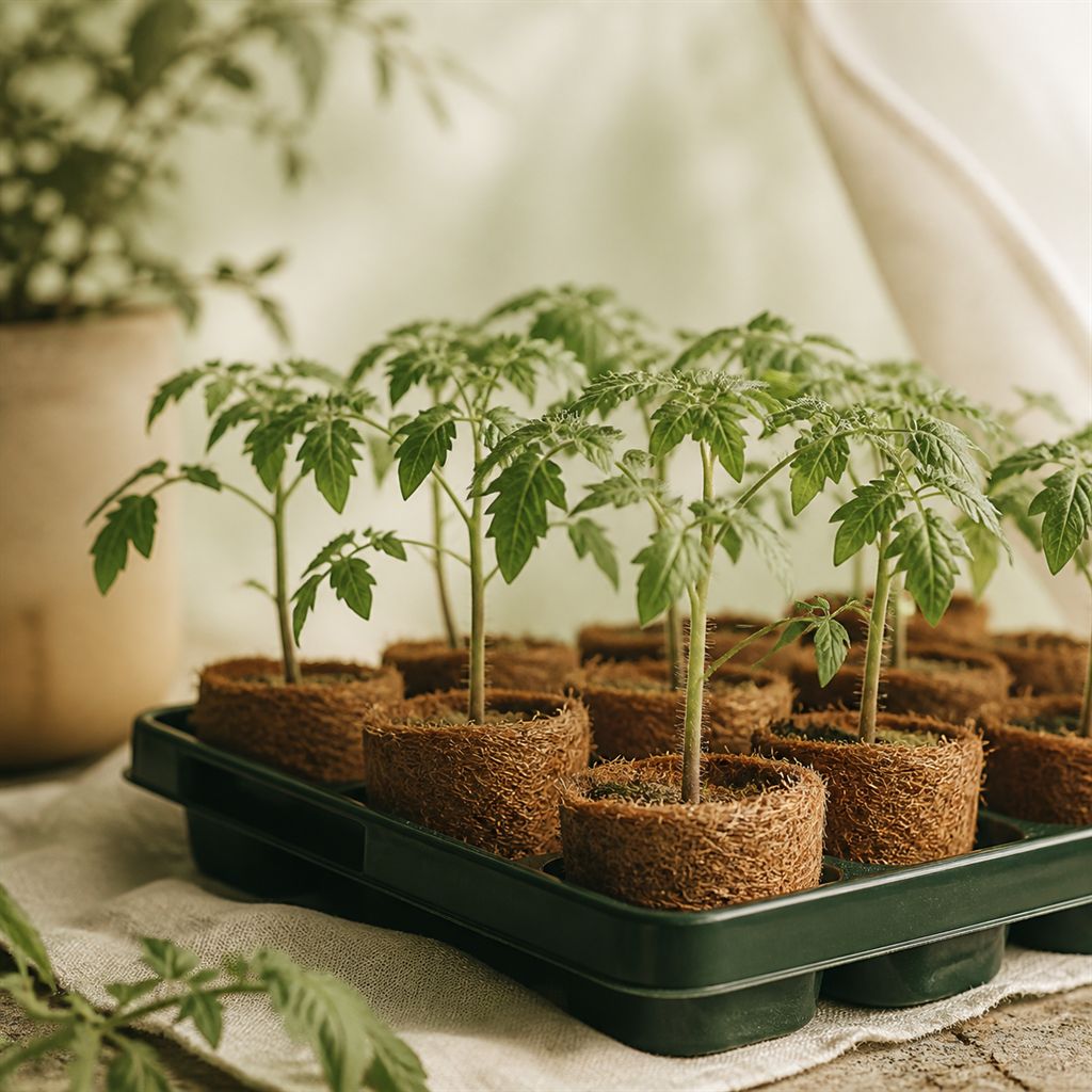 Young tomato seedlings rooted in coir plugs in a propagation tray