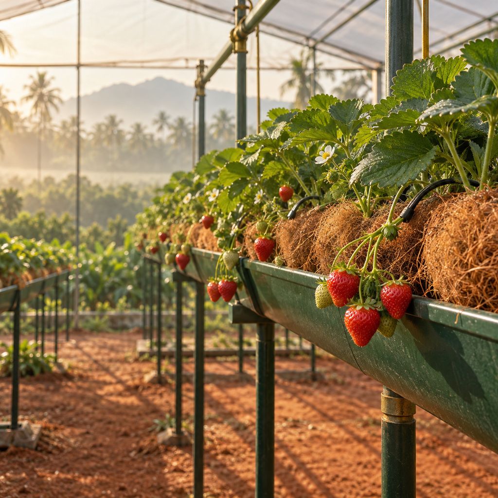 Strawberries growing in coir grow bags on raised gutters