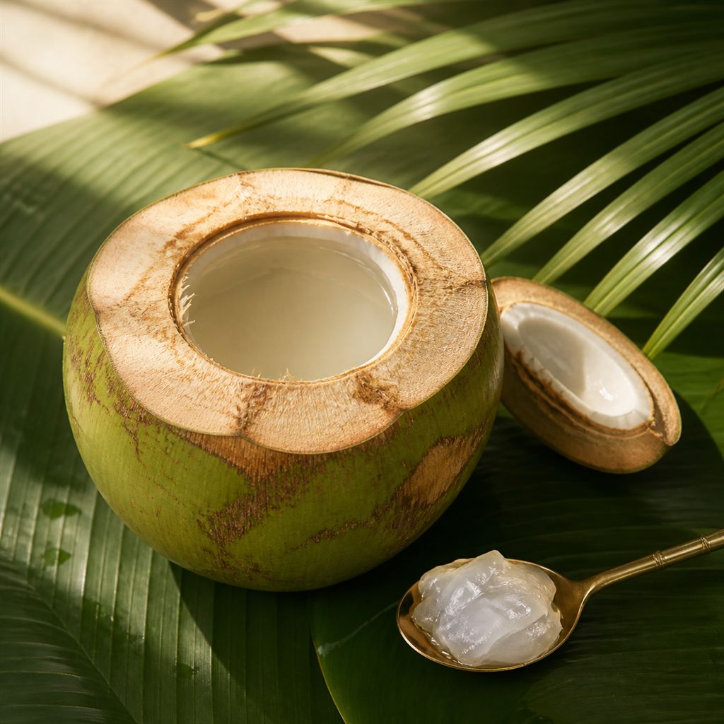 A young coconut cut open showing clear water and soft kernel on a banana leaf