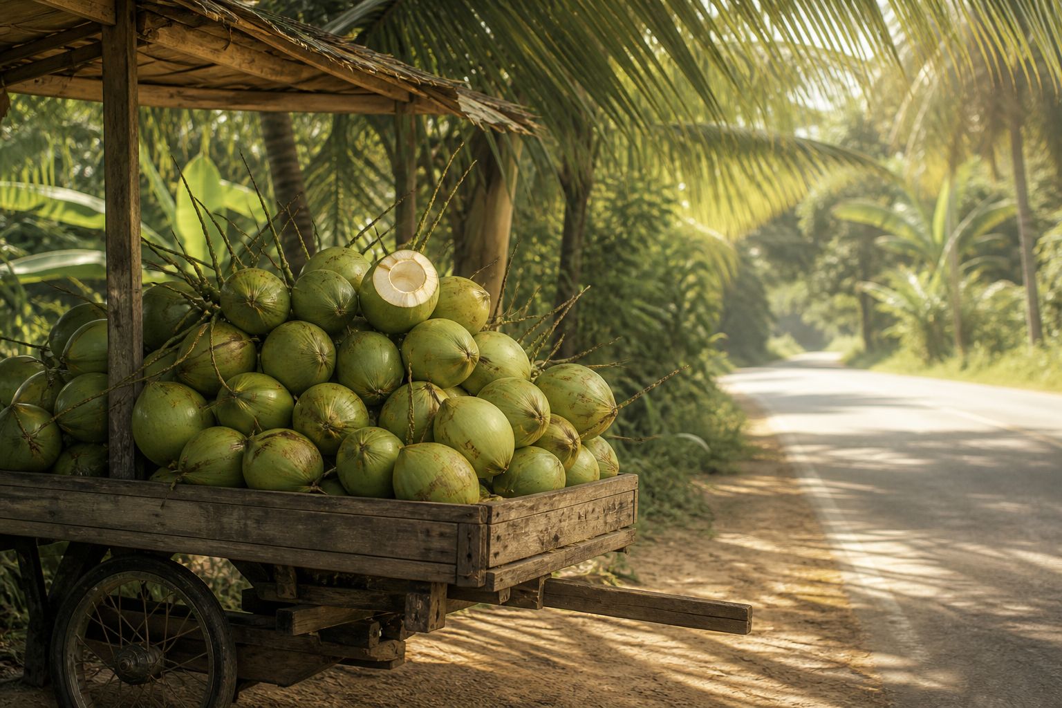 A roadside cart stacked with green tender coconuts under palm shade