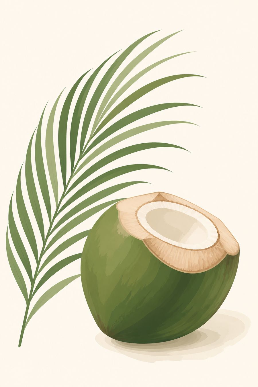 A tender coconut cut open beside a frond