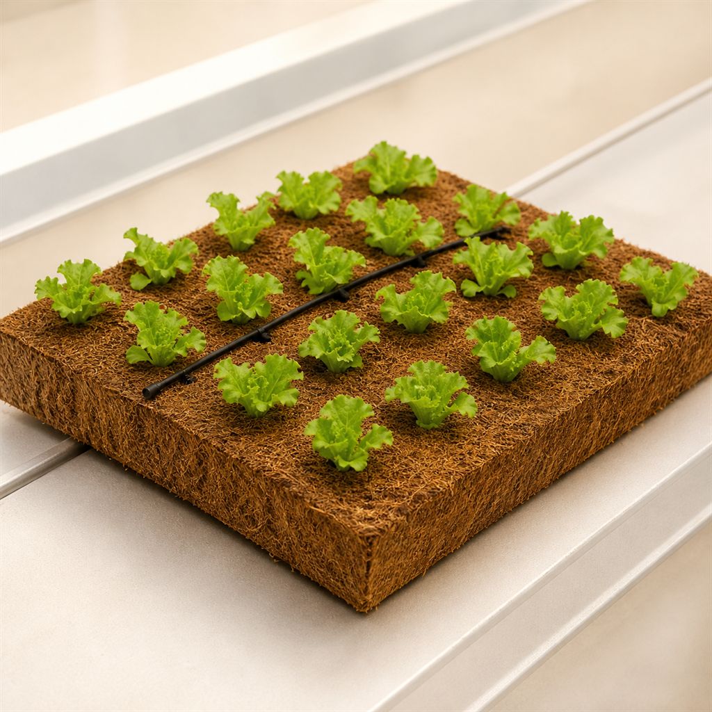 A coir grow slab planted with young lettuce plugs beside a drip line