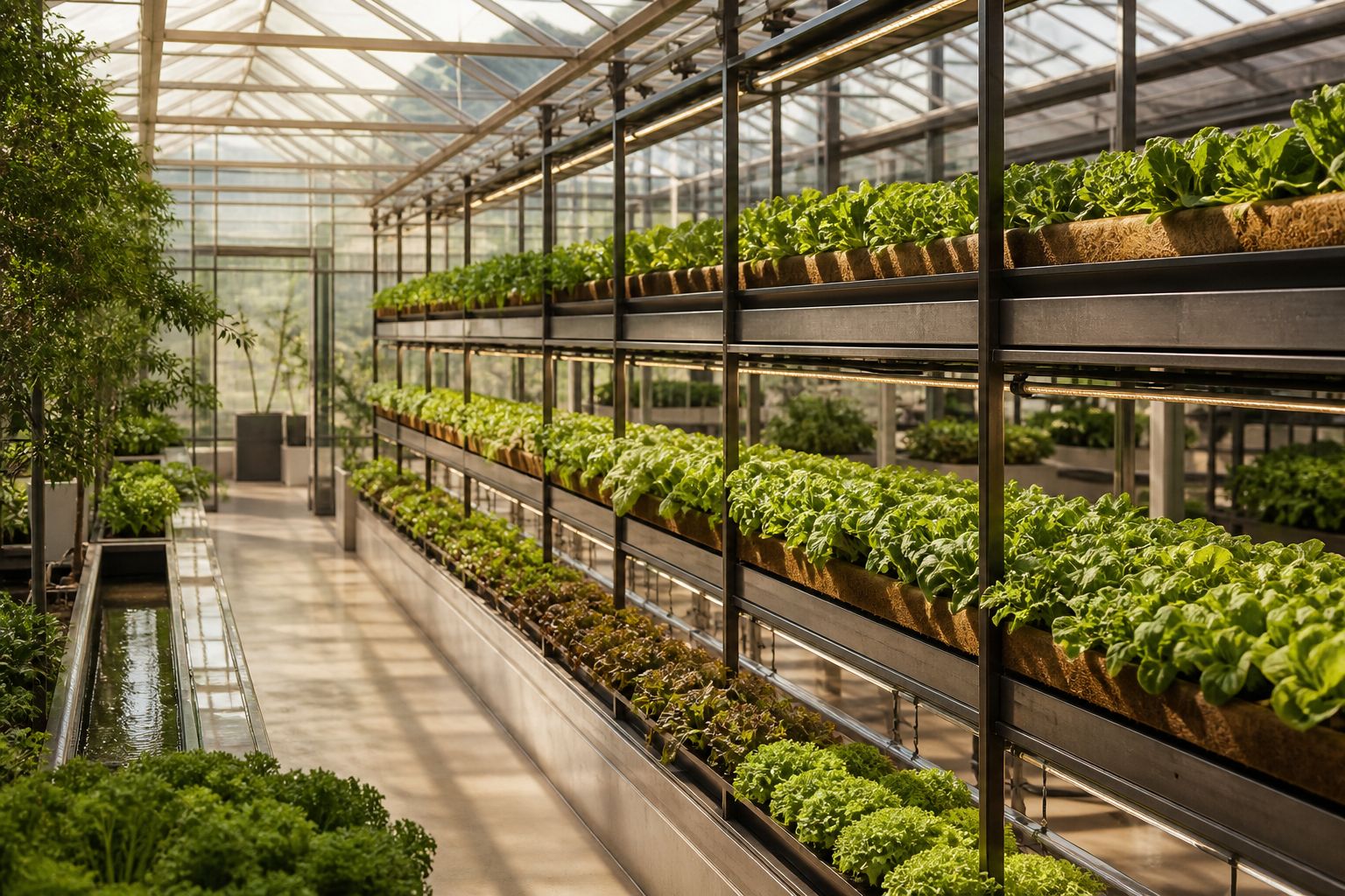 Racks of salad greens growing in coir slabs in a bright glasshouse farm