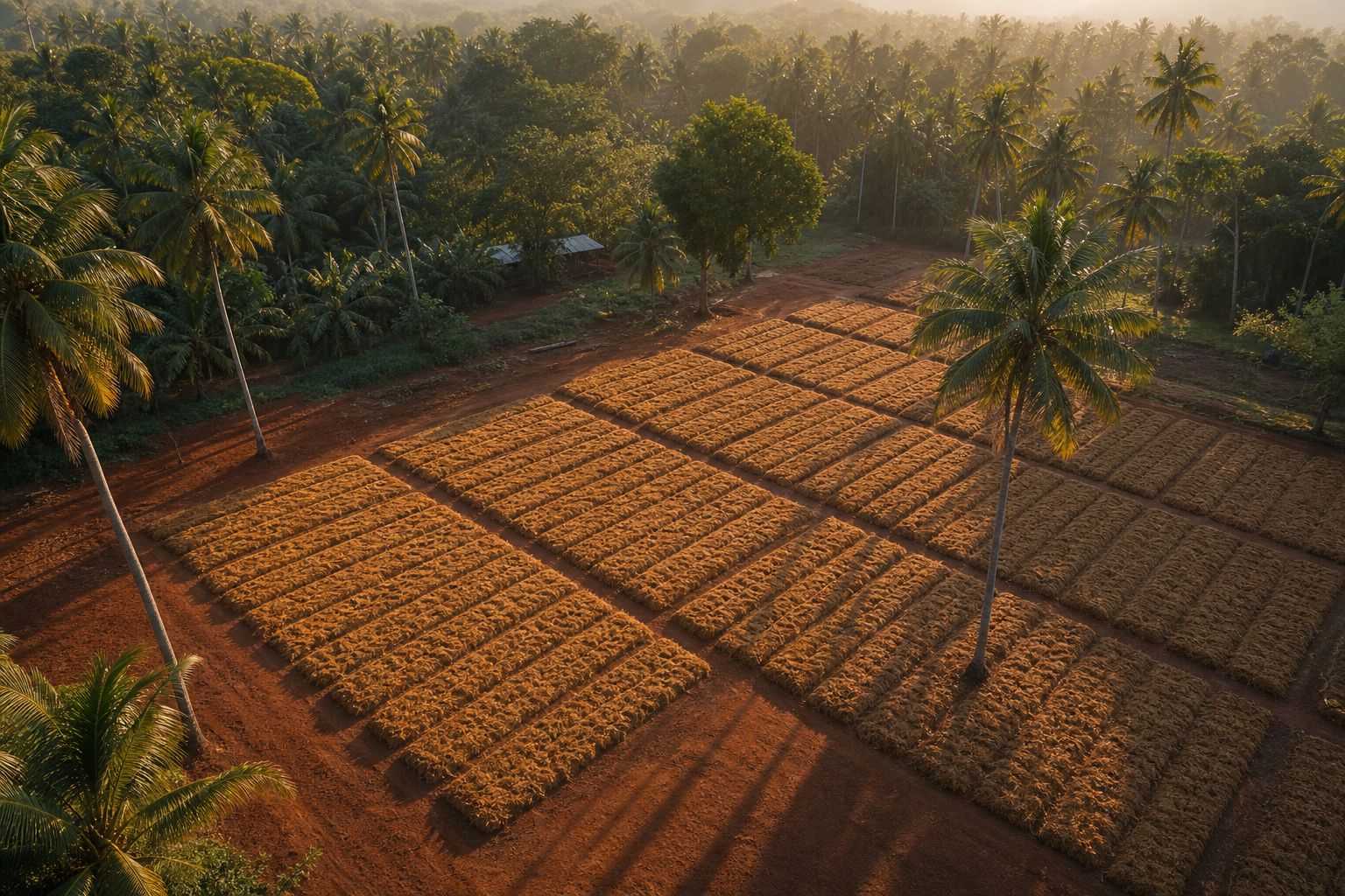 Aerial view of golden coir drying beds laid in rectangles on red earth among palms