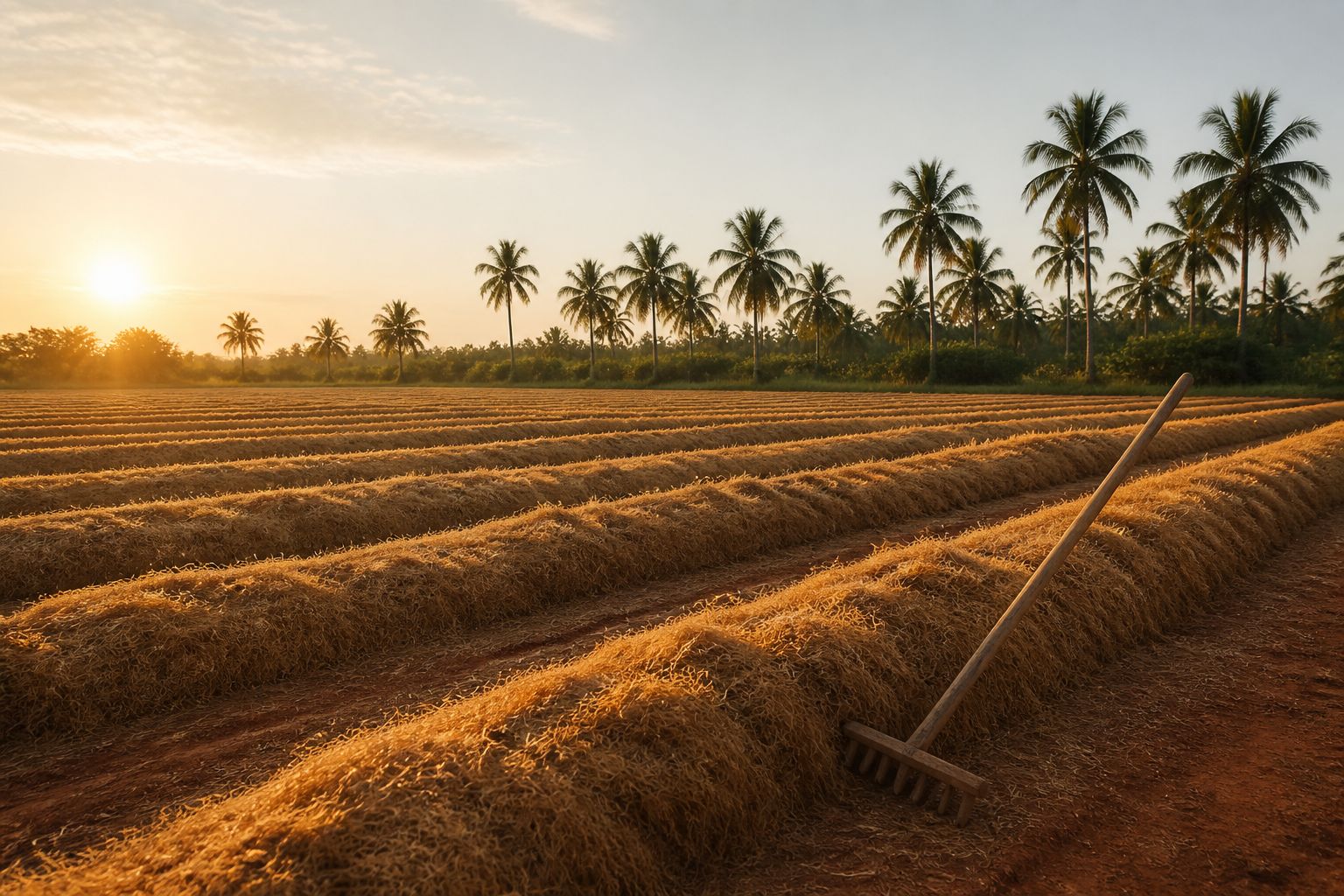 Windrows of coir pith raked across a red-earth drying yard at sunrise