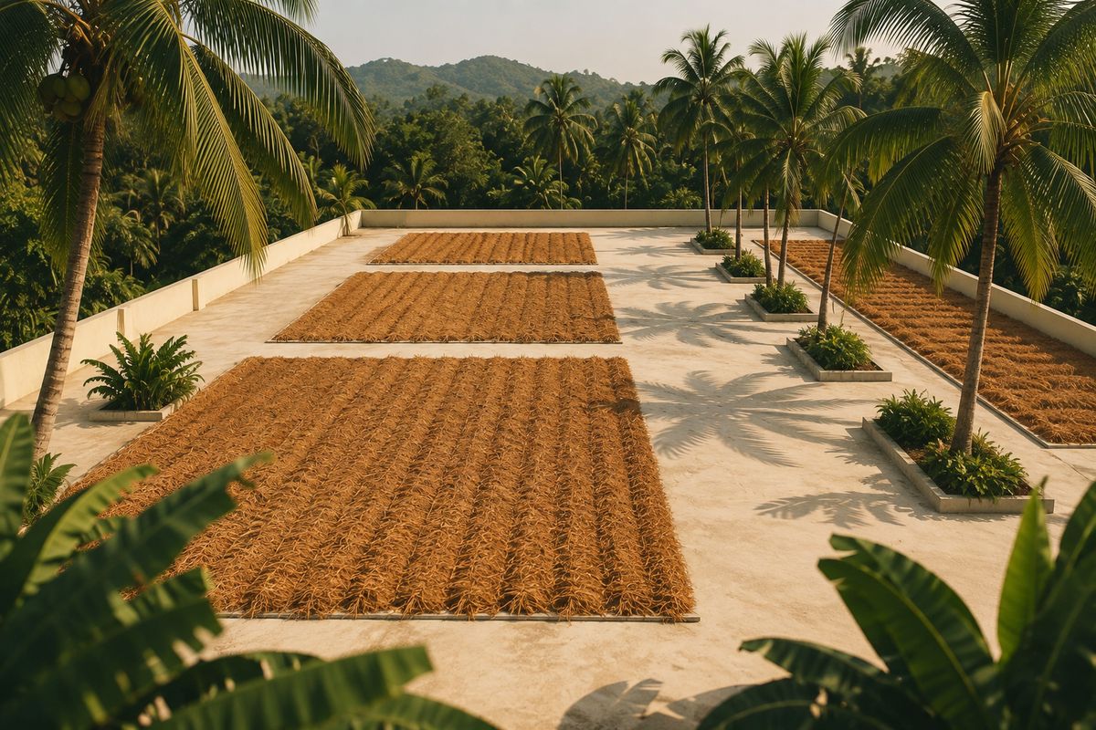 Aerial view of coir drying beds laid in golden rectangles among coconut palms