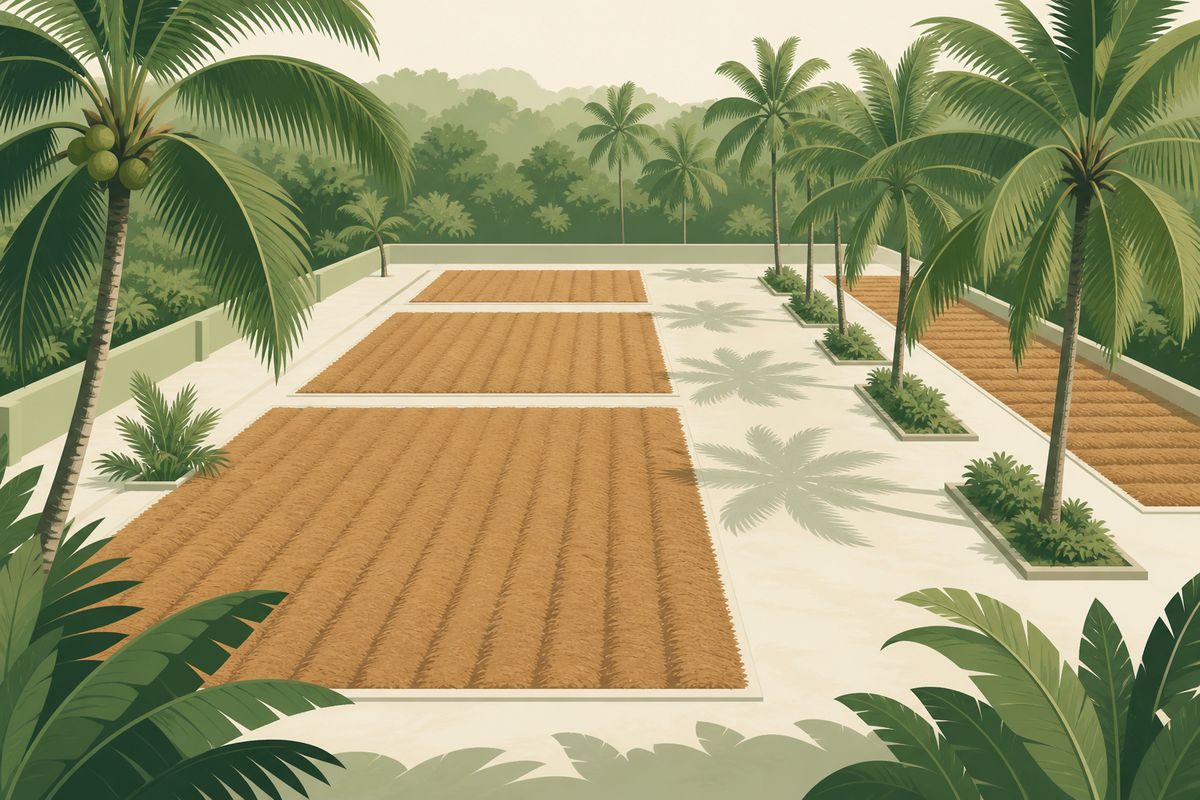 Coir drying beds among the palms
